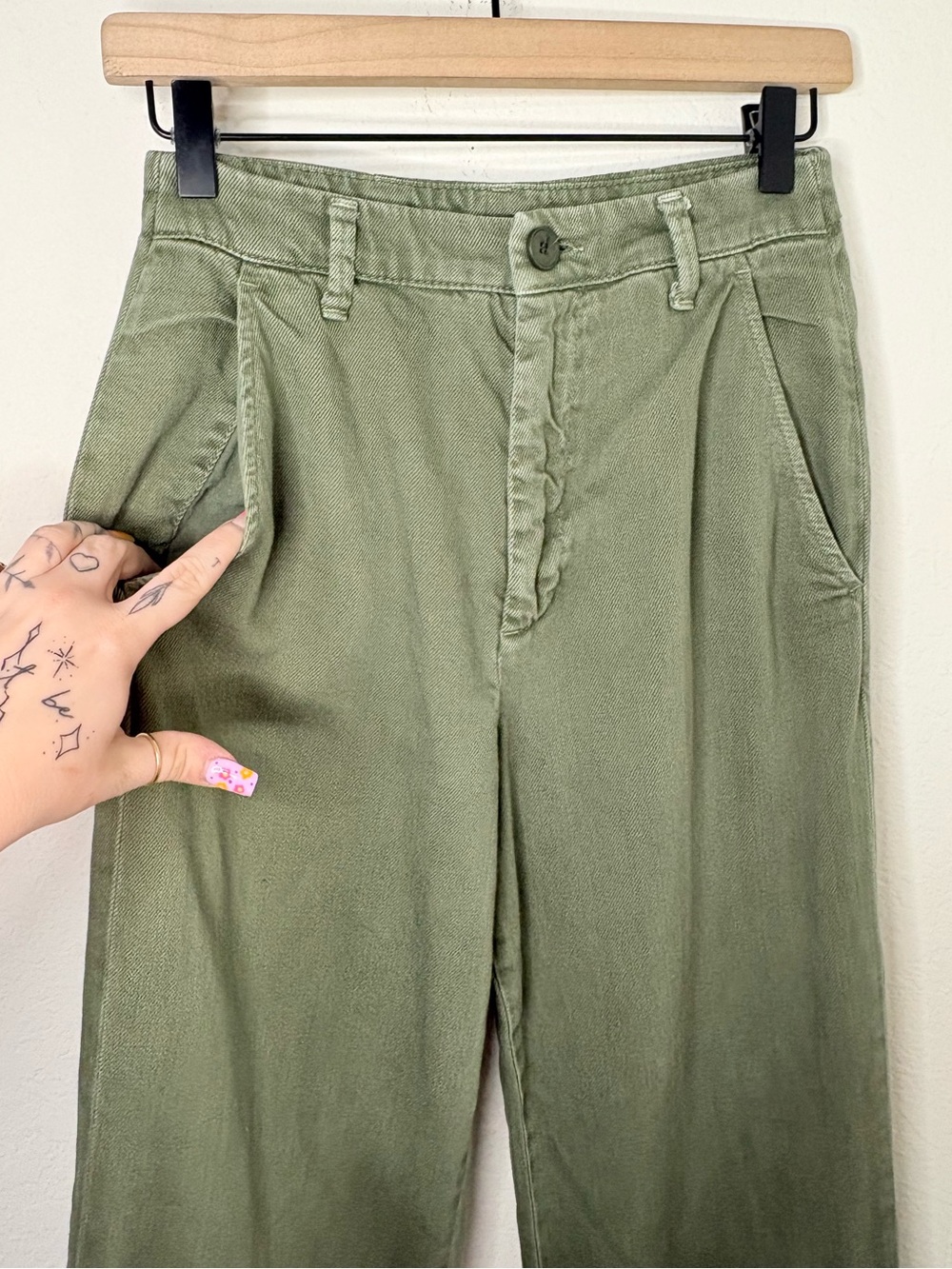 Free People Olive Green Wide Leg Cuffed Jeans cotton Pants size 26 - Picture 4 of 14